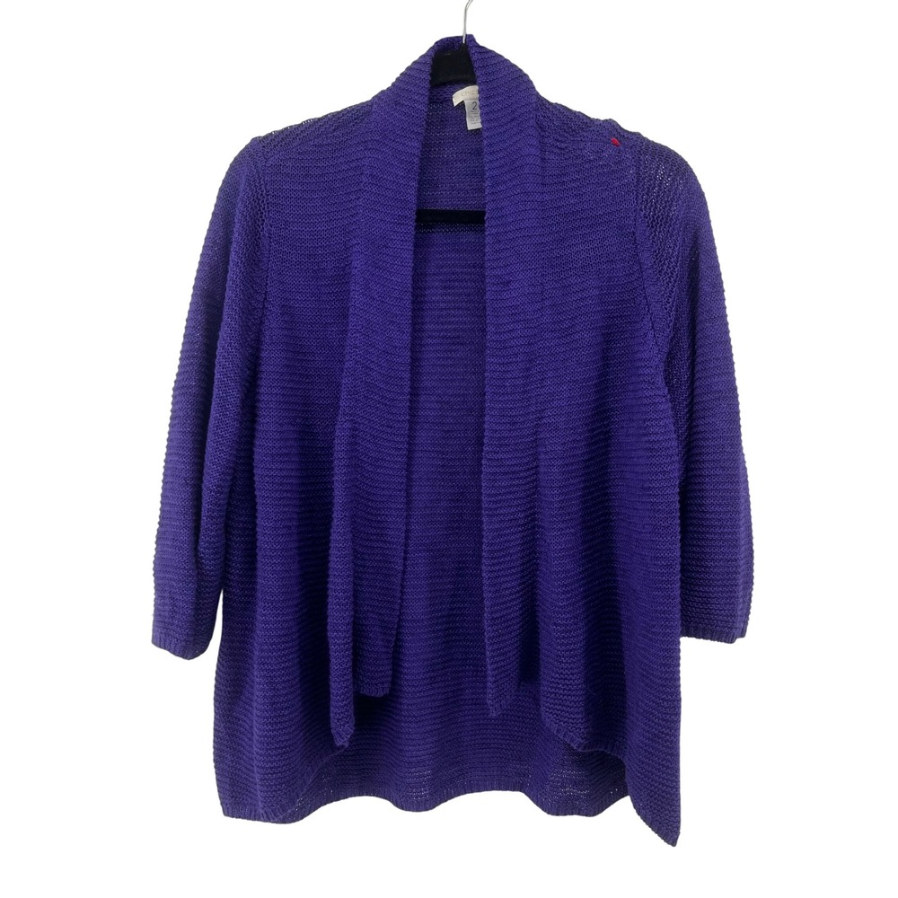 Chico's Purple Open Front Cardigan Textured Knit Shawl Collar 3/4 Sleeve Size 2
